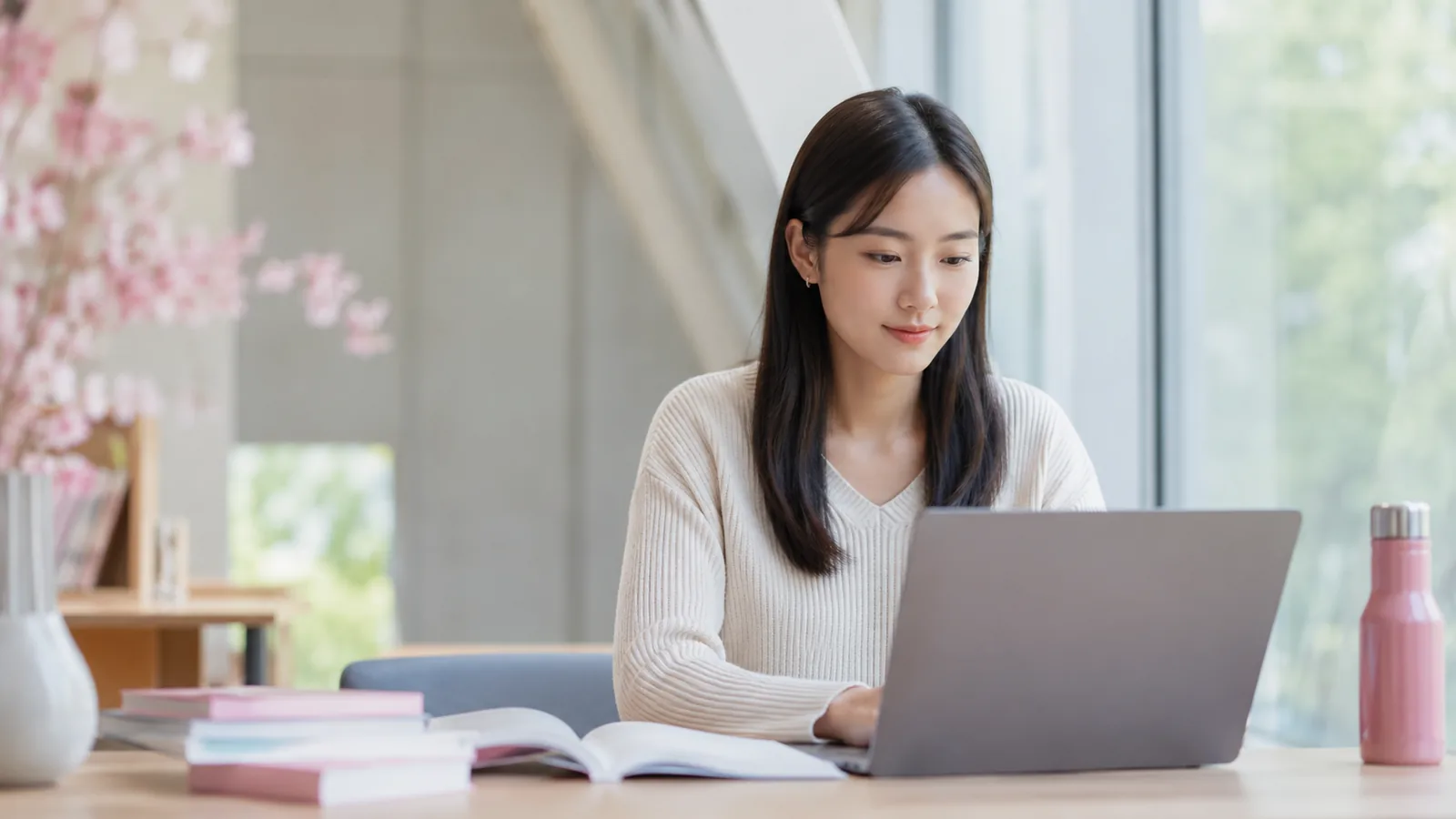 Mulher oriental estudando em ambiente universitário